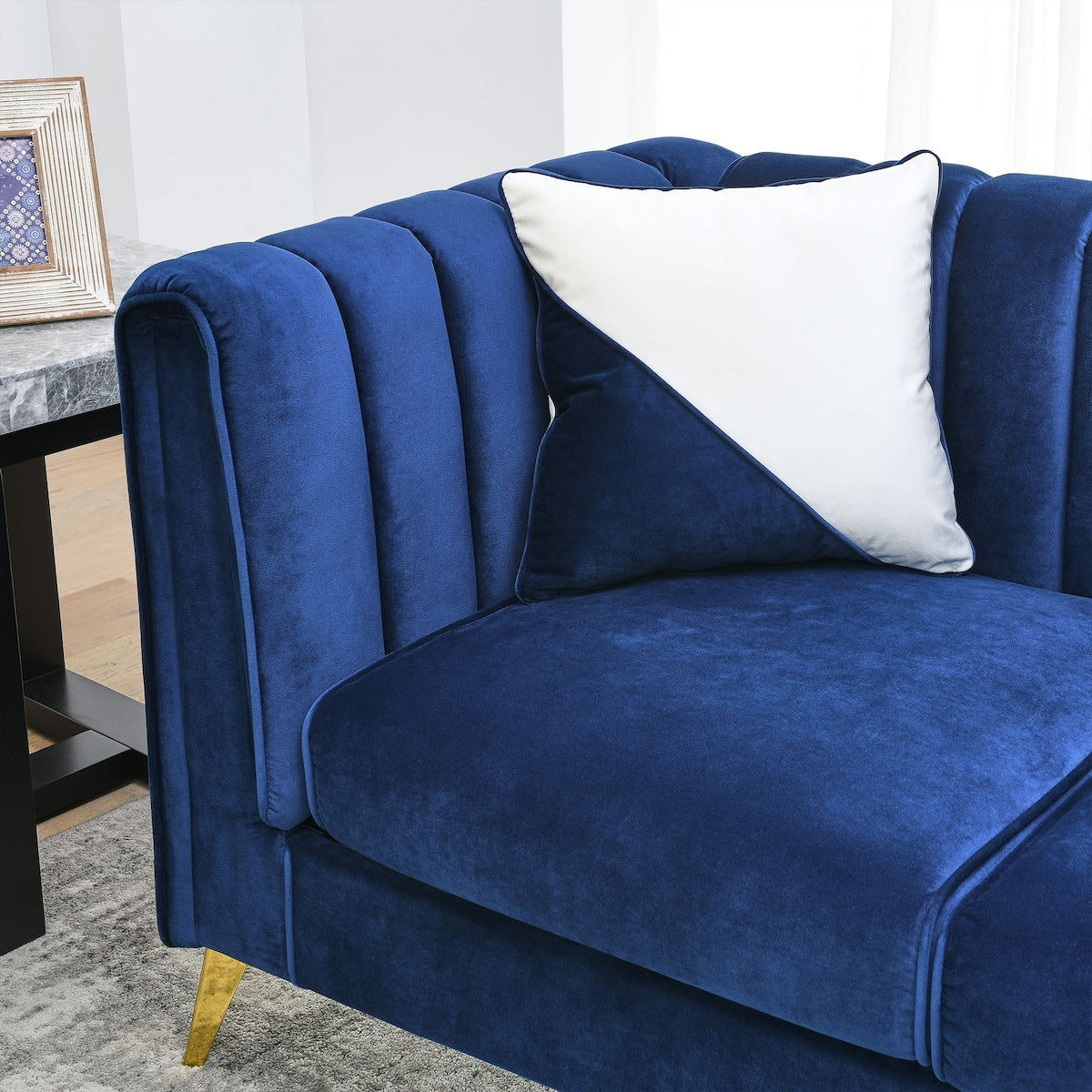 64" Loveseat Sofa Velvet Padded Sofa Removable Cushions Sofa with Deep Channel Tufting & Gold Metal Feet, Pillows Included