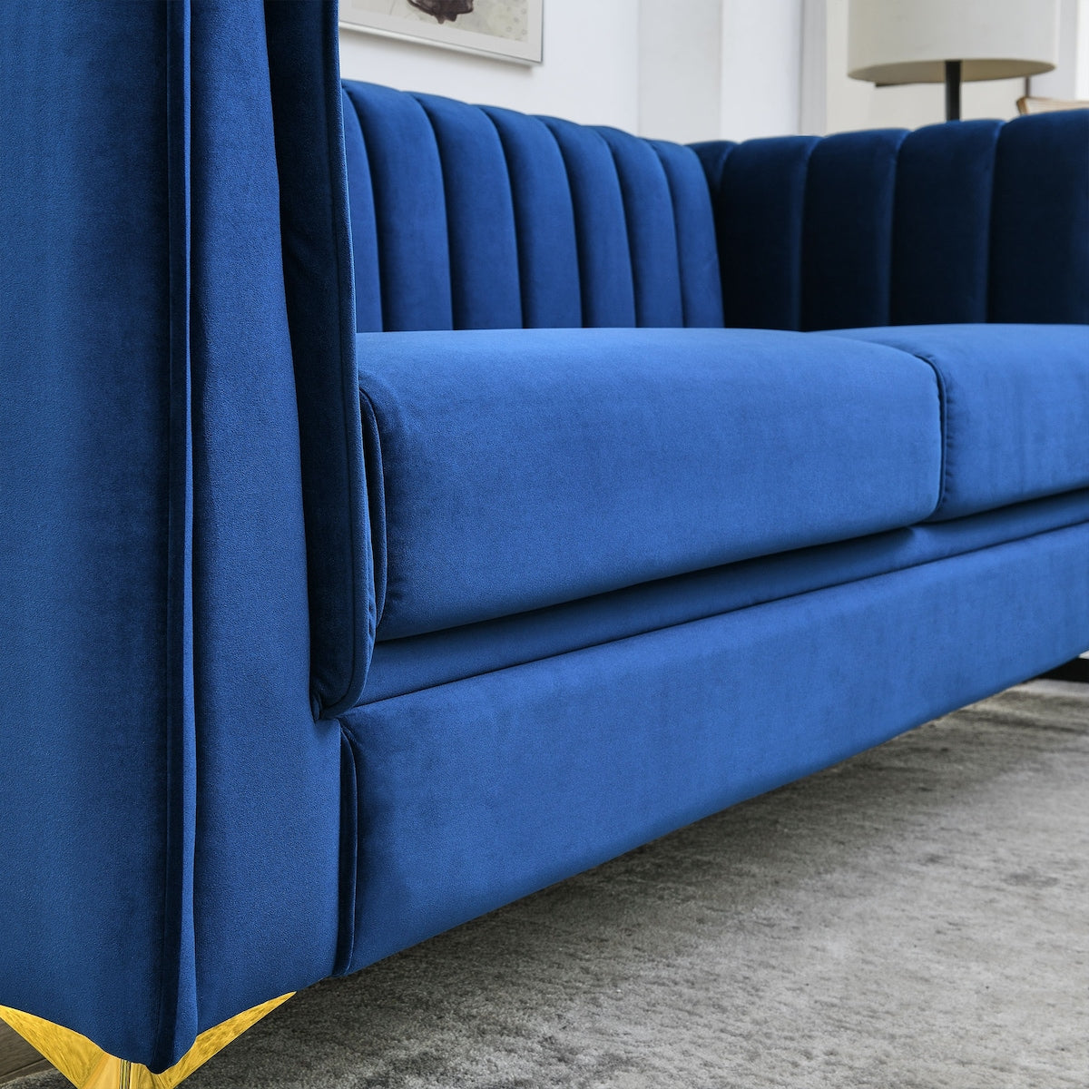 64" Loveseat Sofa Velvet Padded Sofa Removable Cushions Sofa with Deep Channel Tufting & Gold Metal Feet, Pillows Included