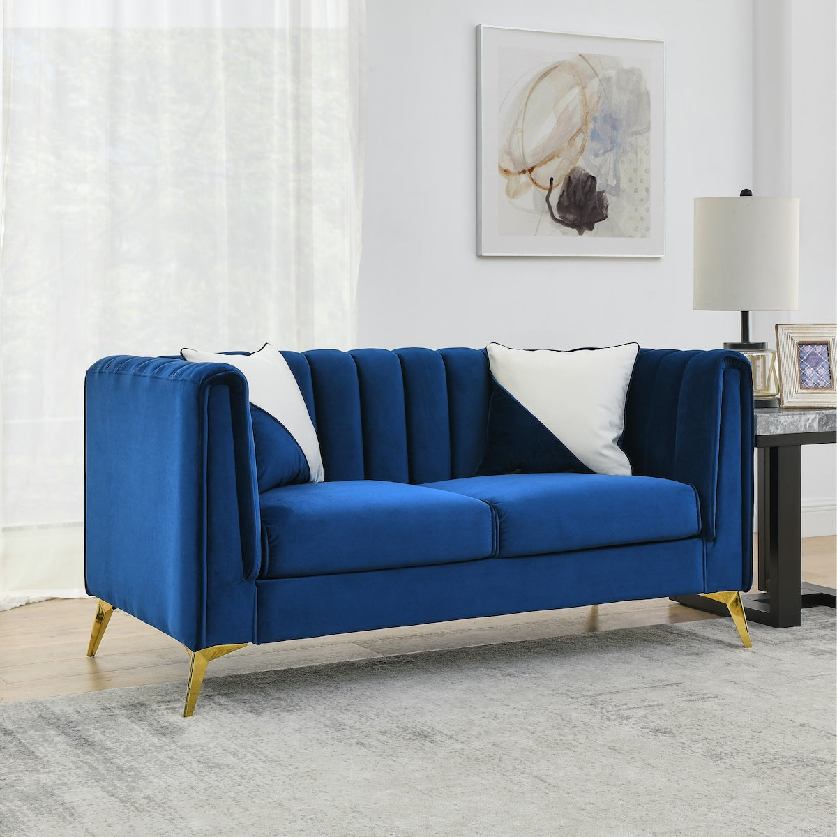 64" Loveseat Sofa Velvet Padded Sofa Removable Cushions Sofa with Deep Channel Tufting & Gold Metal Feet, Pillows Included