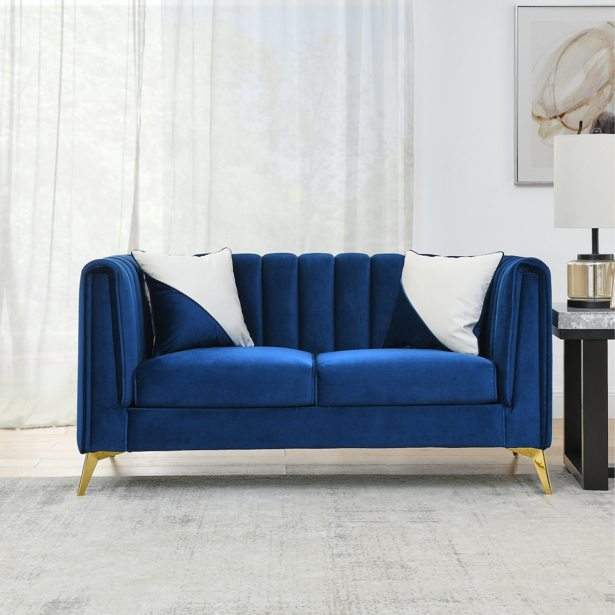 64" Loveseat Sofa Velvet Padded Sofa Removable Cushions Sofa with Deep Channel Tufting & Gold Metal Feet, Pillows Included