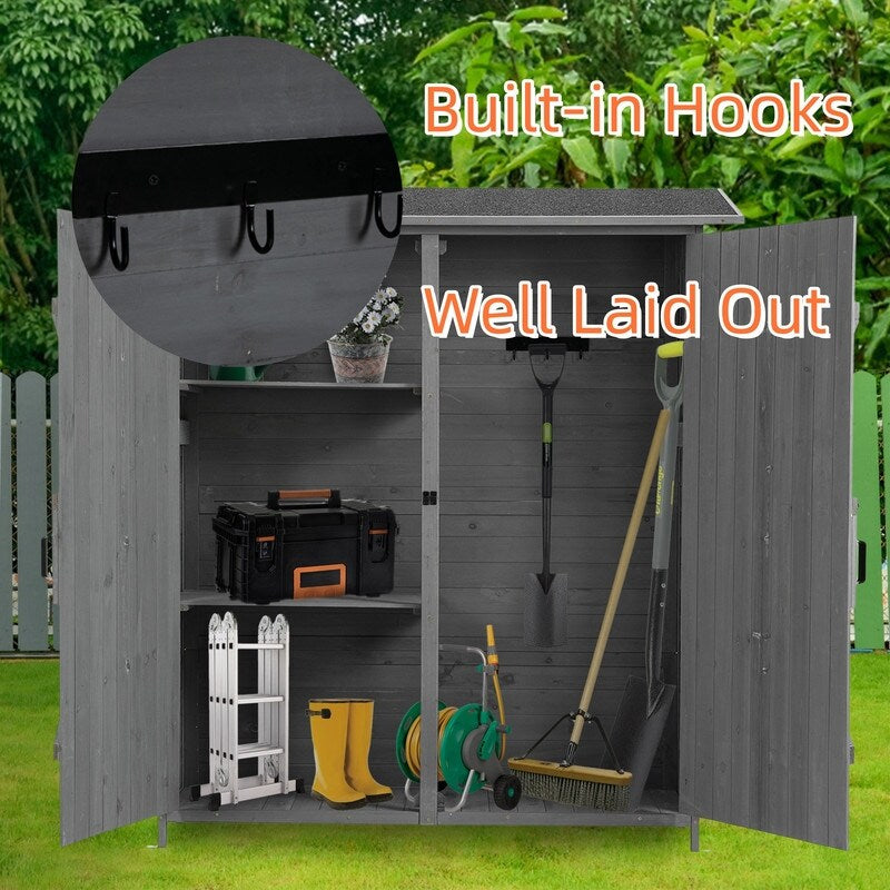 64"H Outdoor Storage Shed, Wooden Tool Storage Shed Detachable Shelves ,Pitch Roof