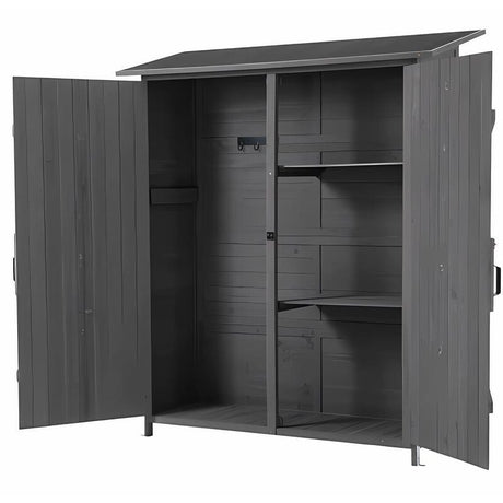 64"H Outdoor Storage Shed, Wooden Tool Storage Shed Detachable Shelves ,Pitch Roof