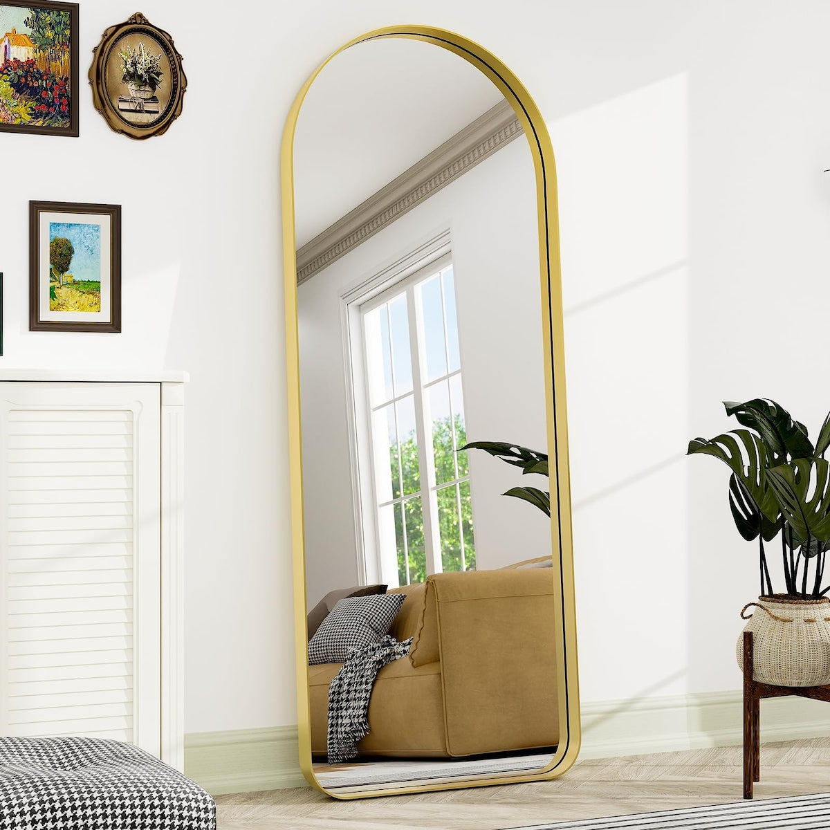 64"x21" Arched Full Length Mirror, Gold Metal Framed Bathroom Floor Mi