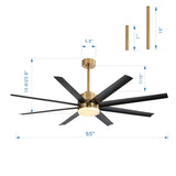 65 Inch Gold Morden Ceiling Fan with Light Remote(8-Blade)