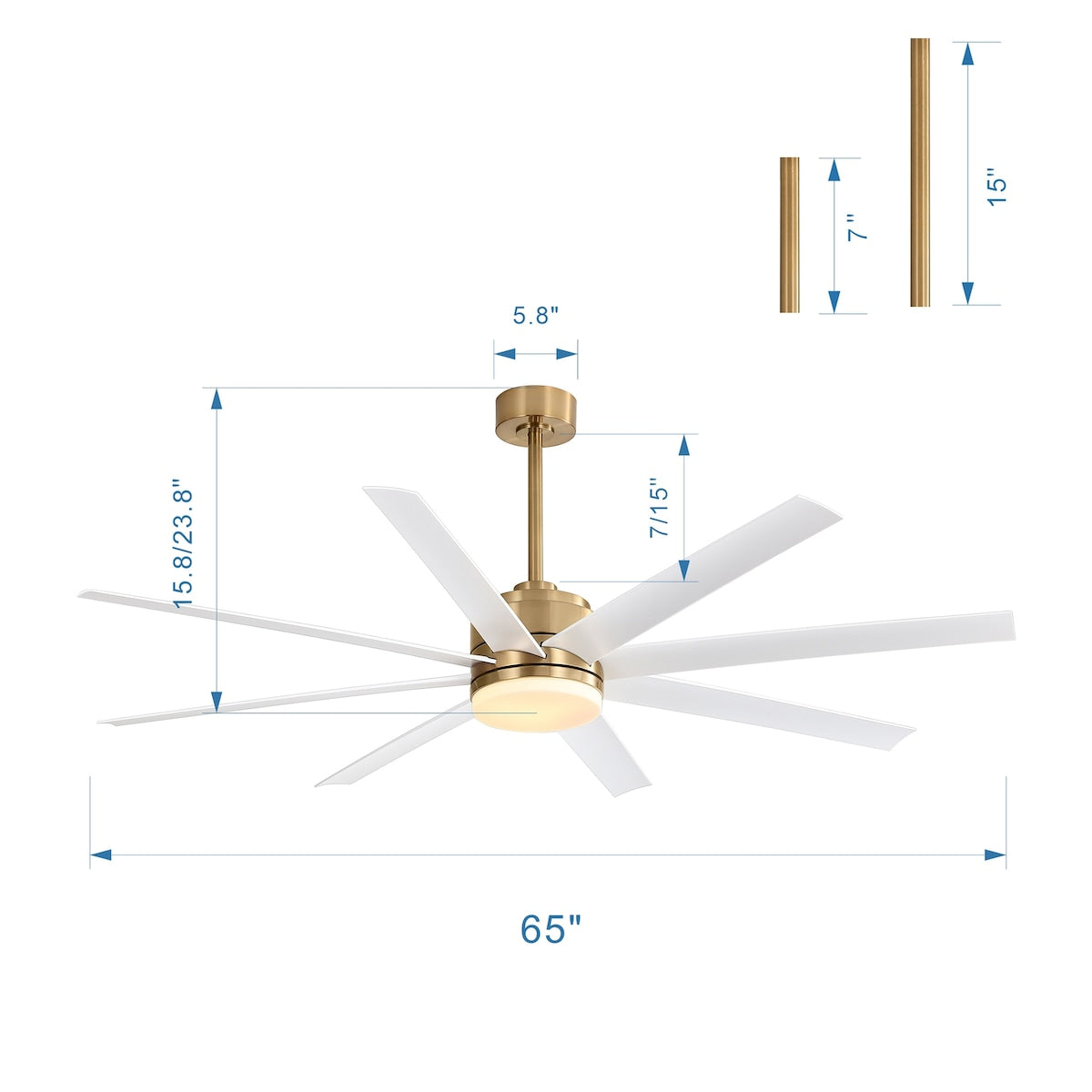 65 Inch Gold Morden Ceiling Fan with Light Remote(8-Blade)