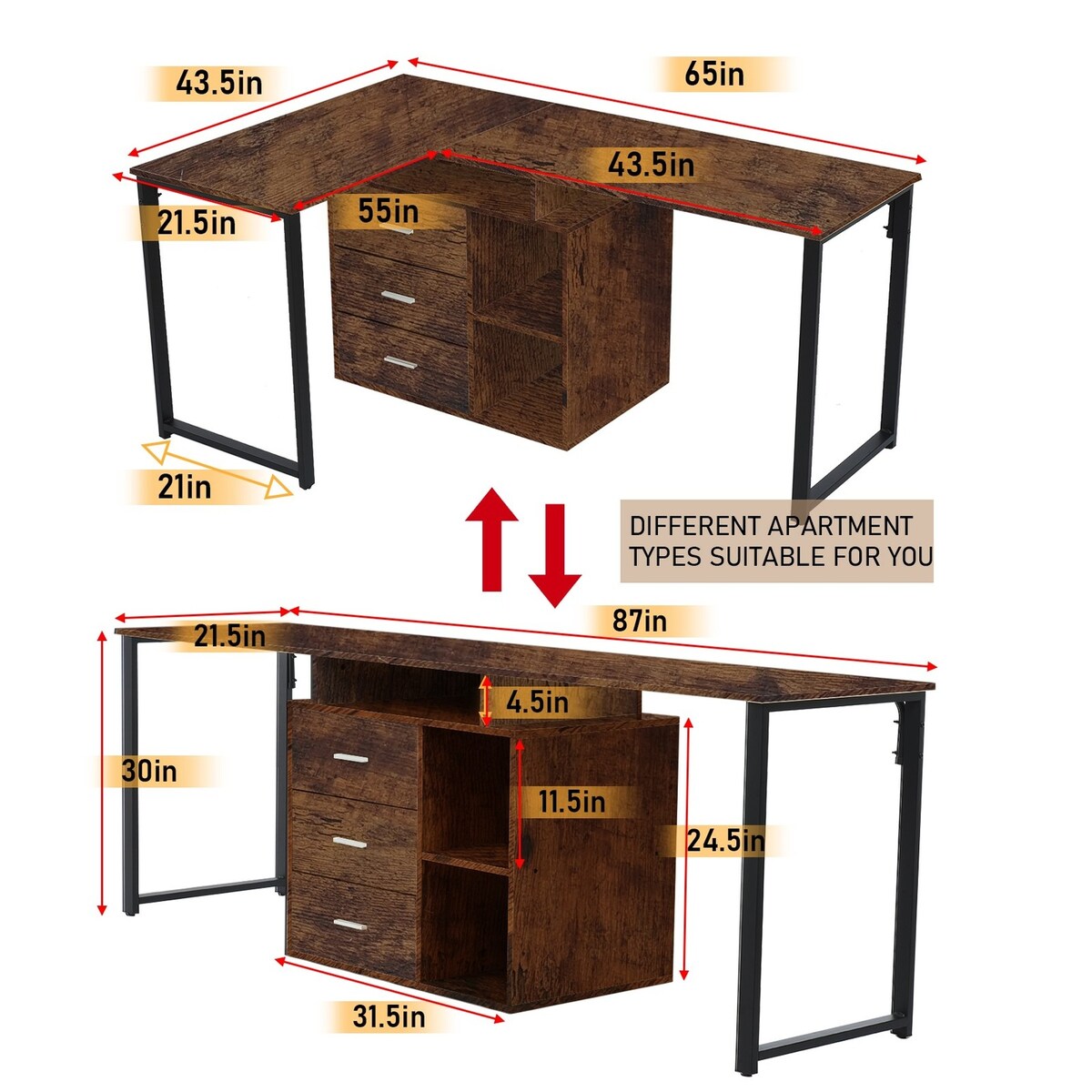 65 Inch Workstation 2 Tier Shelves Writing Table PC Gaming 2 Person Desk 3 Storage Drawers Home Office