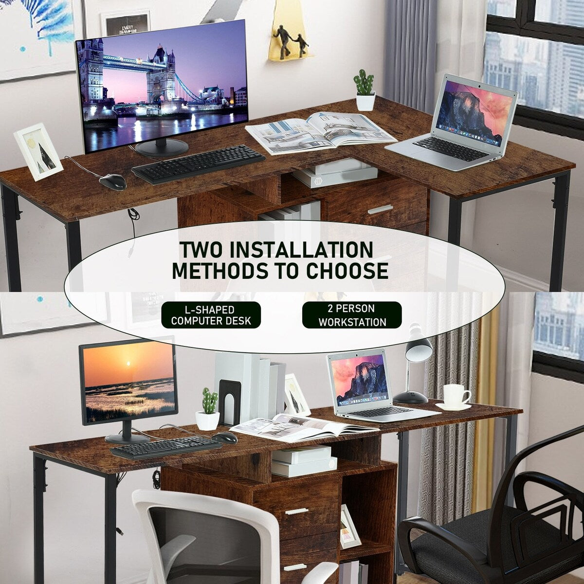 65 Inch Workstation 2 Tier Shelves Writing Table PC Gaming 2 Person Desk 3 Storage Drawers Home Office