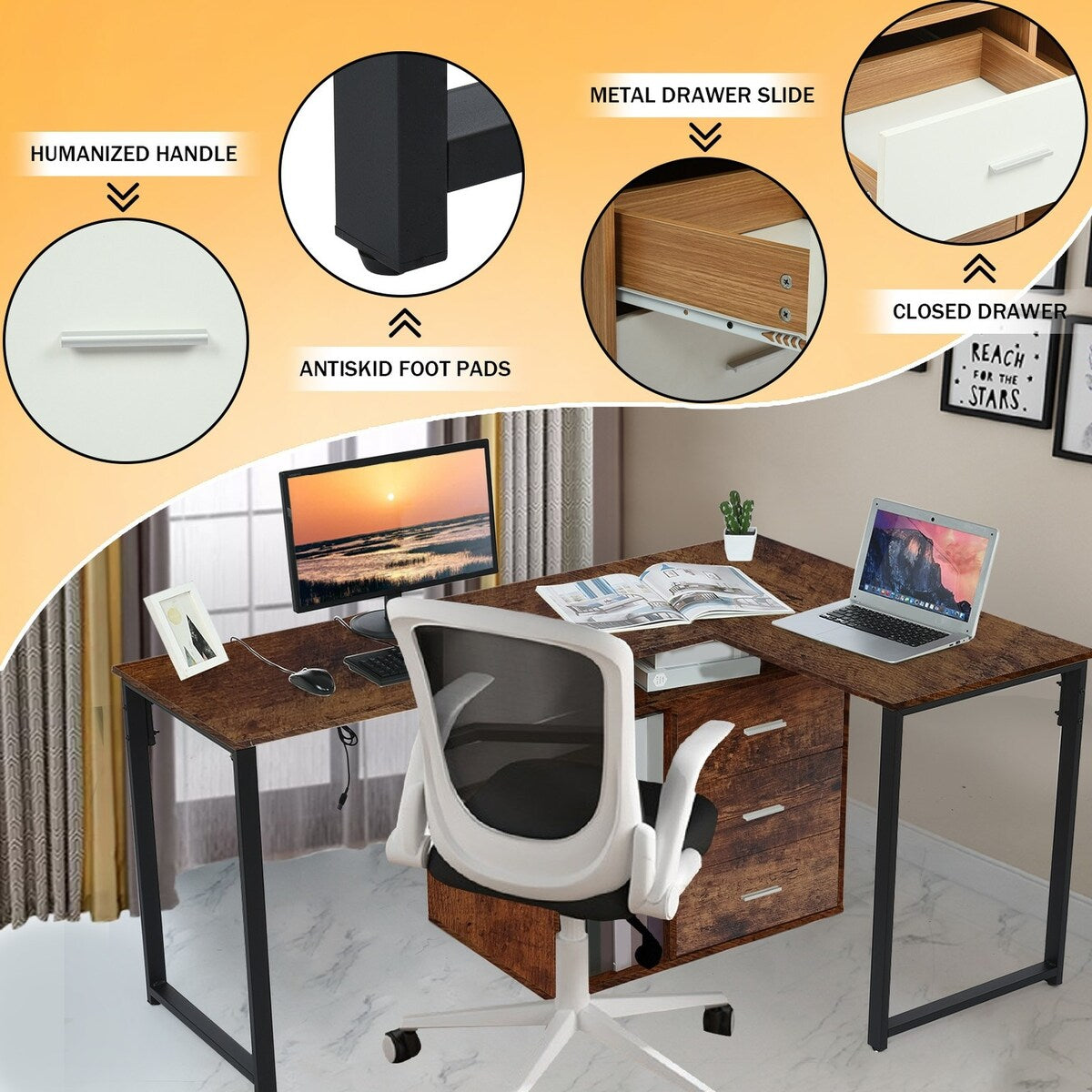 65 Inch Workstation 2 Tier Shelves Writing Table PC Gaming 2 Person Desk 3 Storage Drawers Home Office