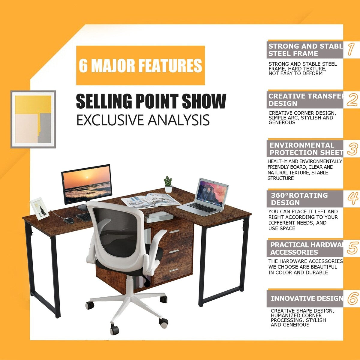 65 Inch Workstation 2 Tier Shelves Writing Table PC Gaming 2 Person Desk 3 Storage Drawers Home Office