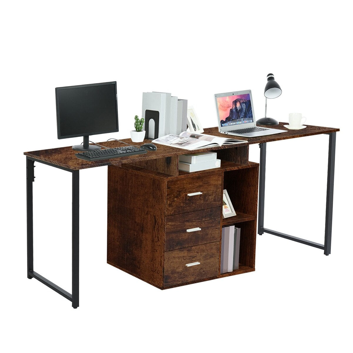 65 Inch Workstation 2 Tier Shelves Writing Table PC Gaming 2 Person Desk 3 Storage Drawers Home Office