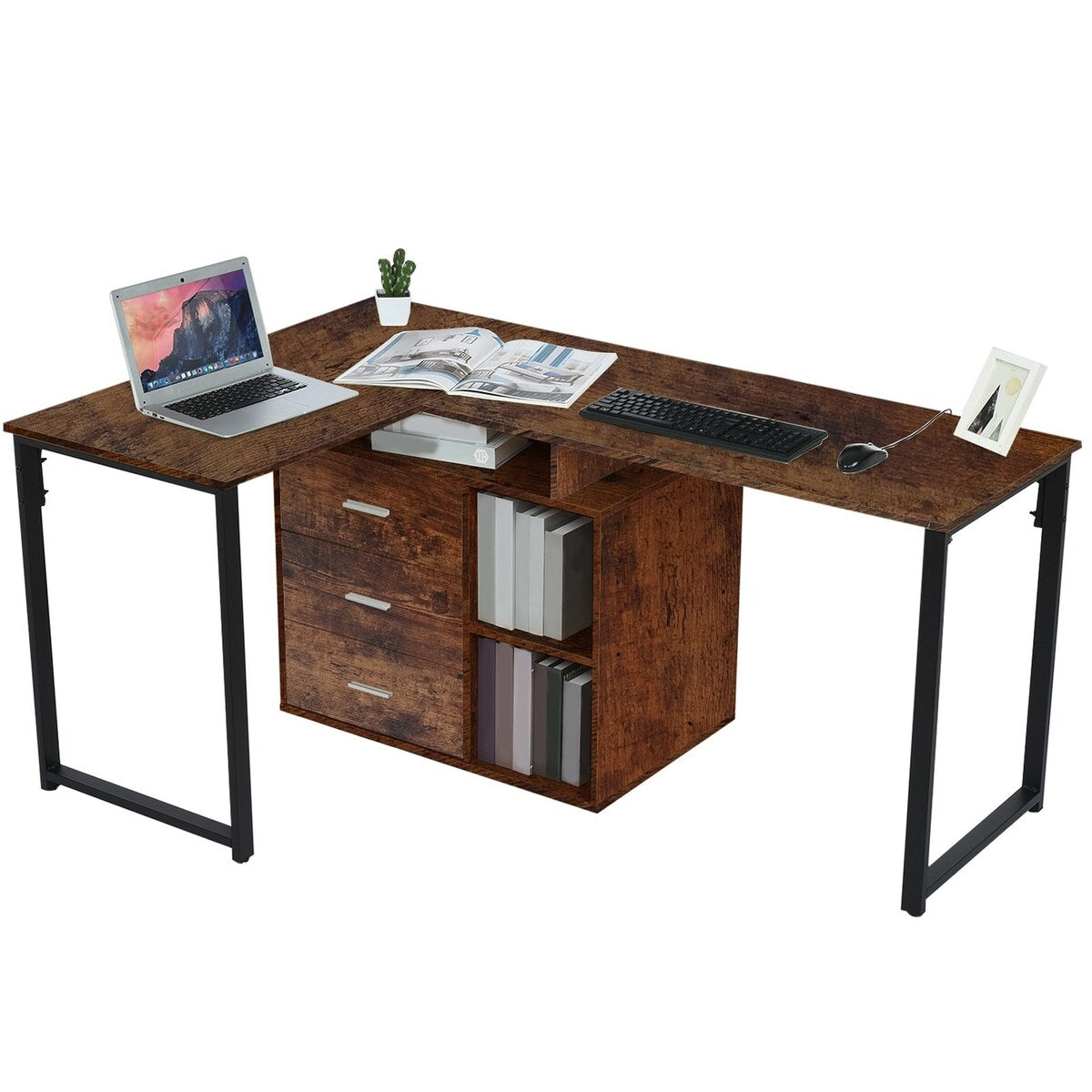 65 Inch Workstation 2 Tier Shelves Writing Table PC Gaming 2 Person Desk 3 Storage Drawers Home Office