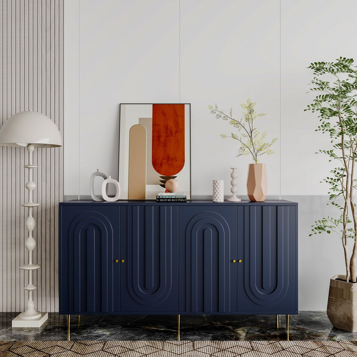 60-in Modern Blue/ Grey Lacquered 4 Door Wooden Sideboard Buffet Server Accent Storage Cabinet