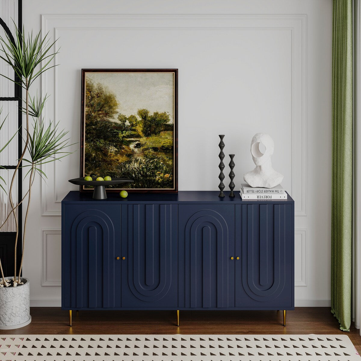 60-in Modern Blue/ Grey Lacquered 4 Door Wooden Sideboard Buffet Server Accent Storage Cabinet