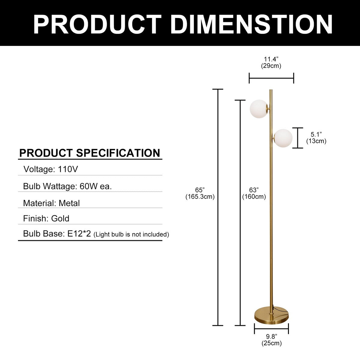 YANSUN 2-Light Globe Gold Floor Lamp Mid Century Modern Mininialist Antique Decorative Pole Corner Floor Lamp for Bedroom Sofa