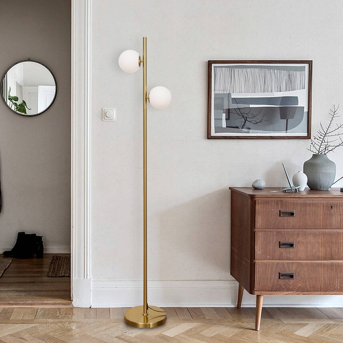 YANSUN 2-Light Globe Gold Floor Lamp Mid Century Modern Mininialist Antique Decorative Pole Corner Floor Lamp for Bedroom Sofa