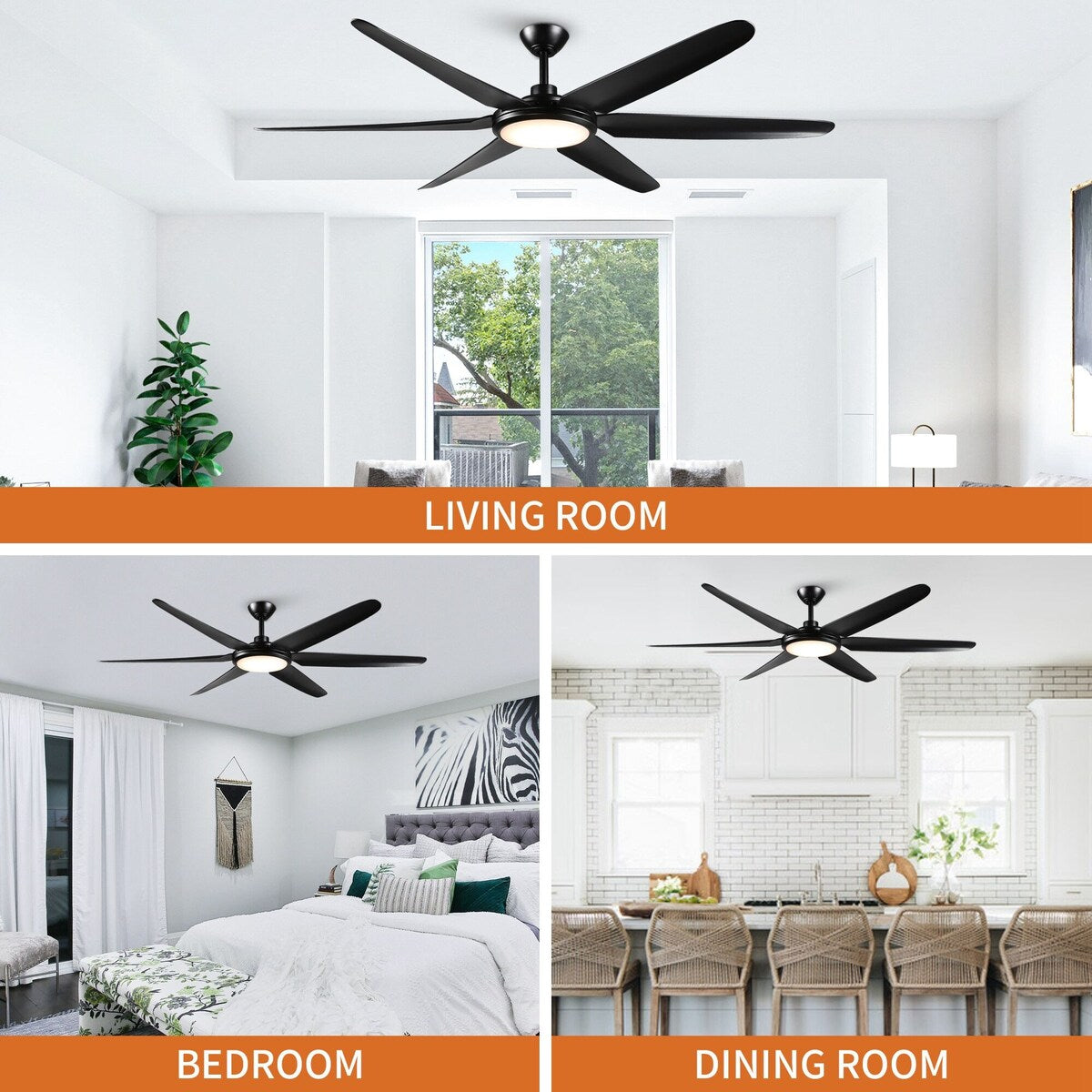 65-inch Modern Black Large Dimmable Ceiling Fan with LED Light and Remote - 65" W x 13.3" H/16.3" H