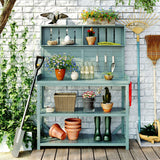 65" Large Wooden Rustic Outdoor Patio Garden Potting Bench Table Workstation with 4 Storage Shelves and Side Hook