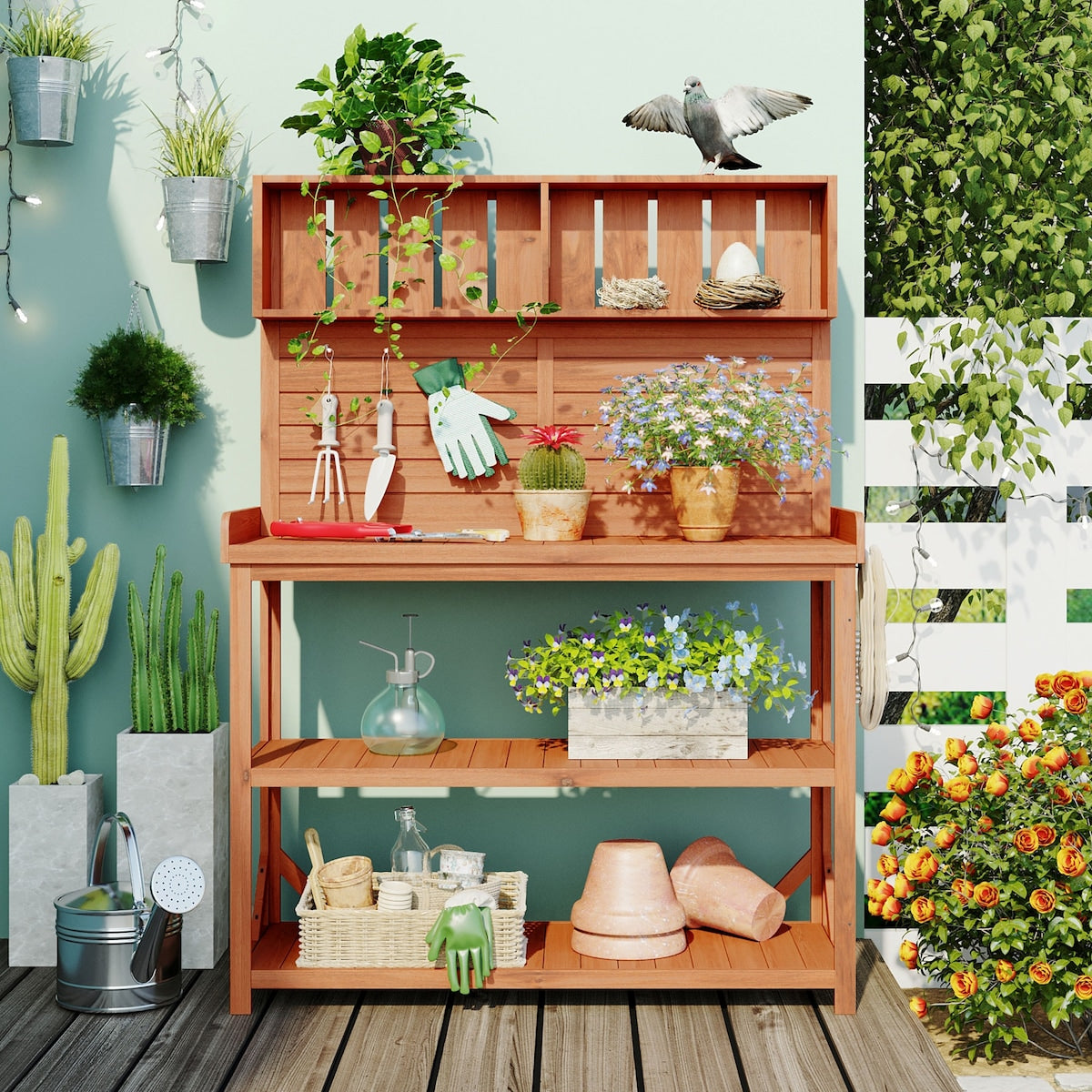 65" Large Wooden Rustic Outdoor Patio Garden Potting Bench Table Workstation with 4 Storage Shelves and Side Hook