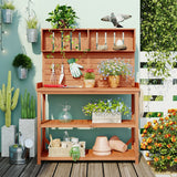 65" Large Wooden Rustic Outdoor Patio Garden Potting Bench Table Workstation with 4 Storage Shelves and Side Hook