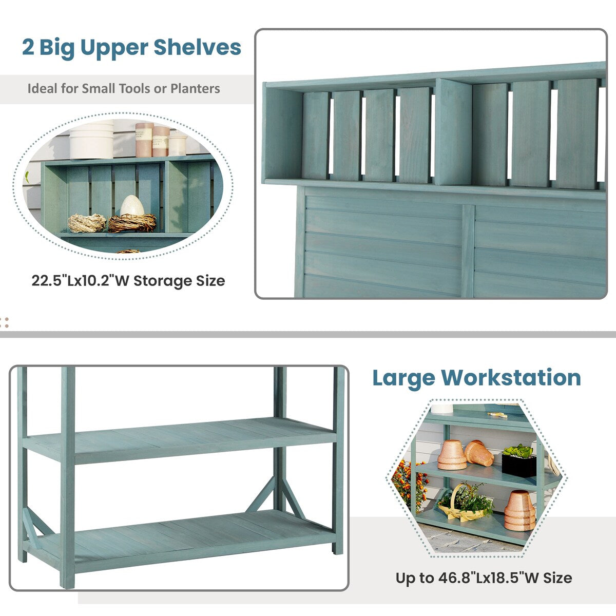 65" Large Wooden Rustic Outdoor Patio Garden Potting Bench Table Workstation with 4 Storage Shelves and Side Hook