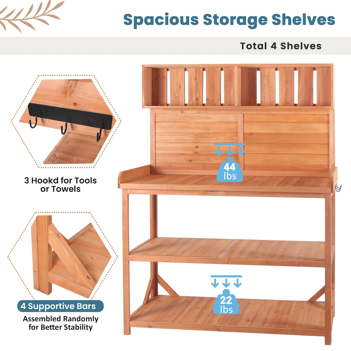 65" Large Wooden Rustic Outdoor Patio Garden Potting Bench Table Workstation with 4 Storage Shelves and Side Hook