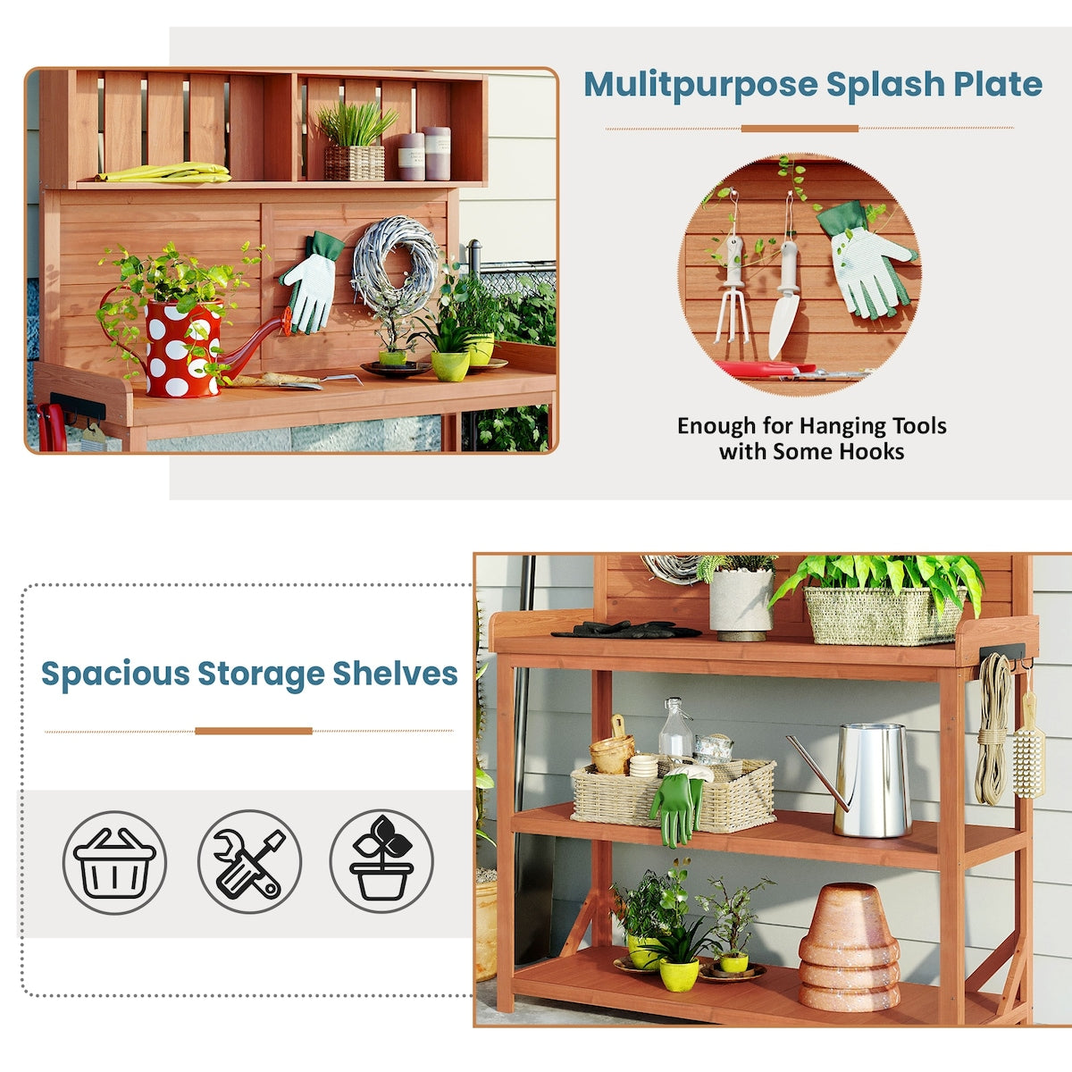 65" Patio Garden Potting Bench Table Workstation with Shelves,Side Hook