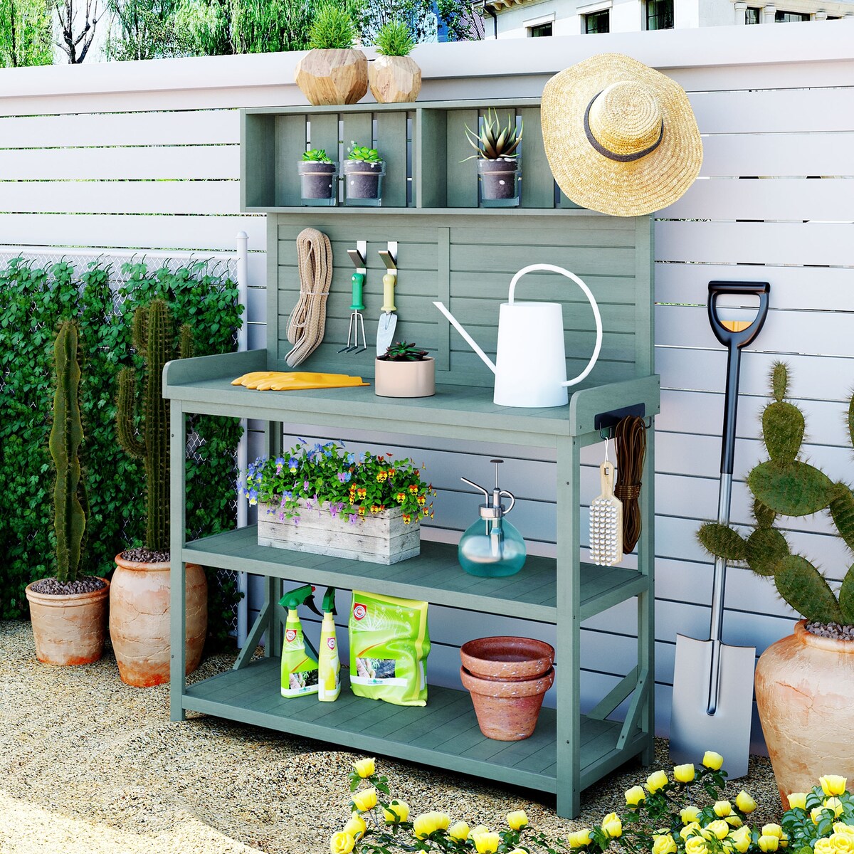65" Patio Garden Potting Bench Table Workstation with Shelves,Side Hook
