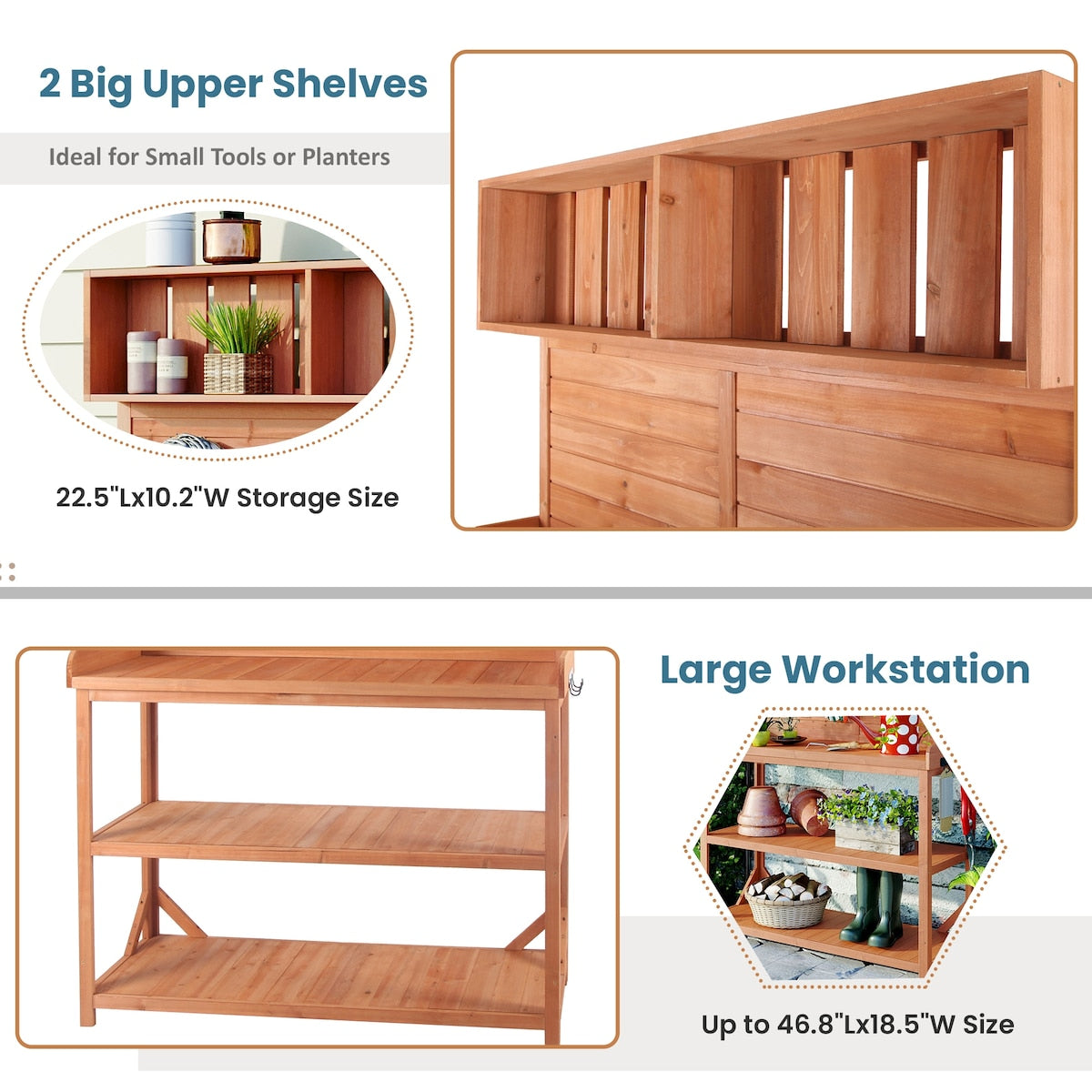 65" Patio Garden Potting Bench Table Workstation with Shelves,Side Hook