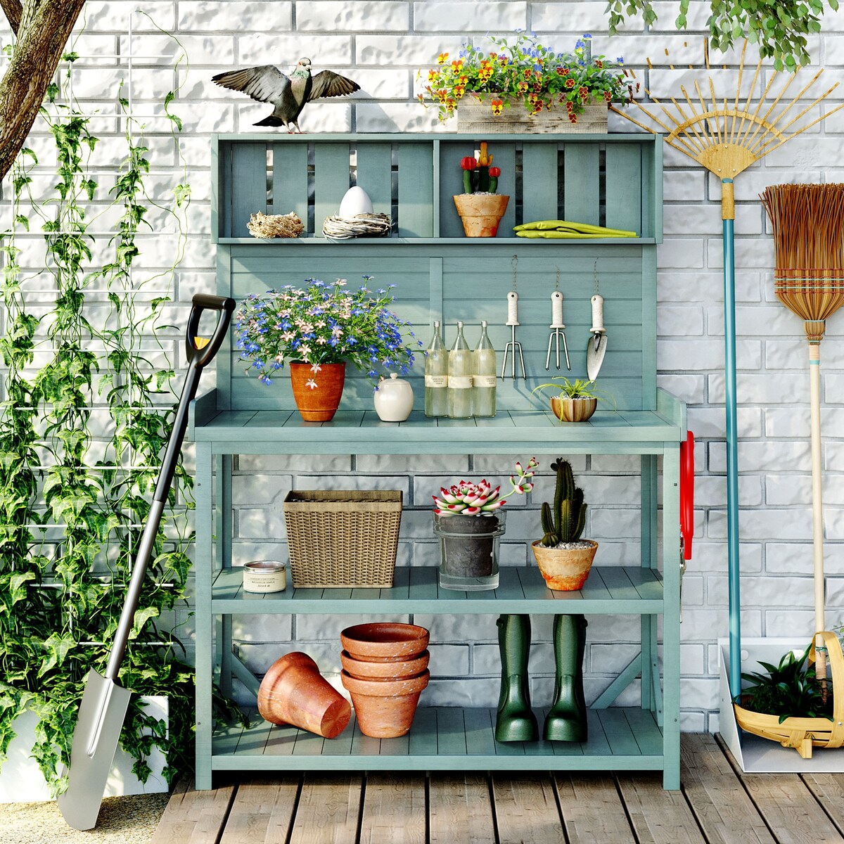 65" Patio Garden Potting Bench Table Workstation with Shelves,Side Hook