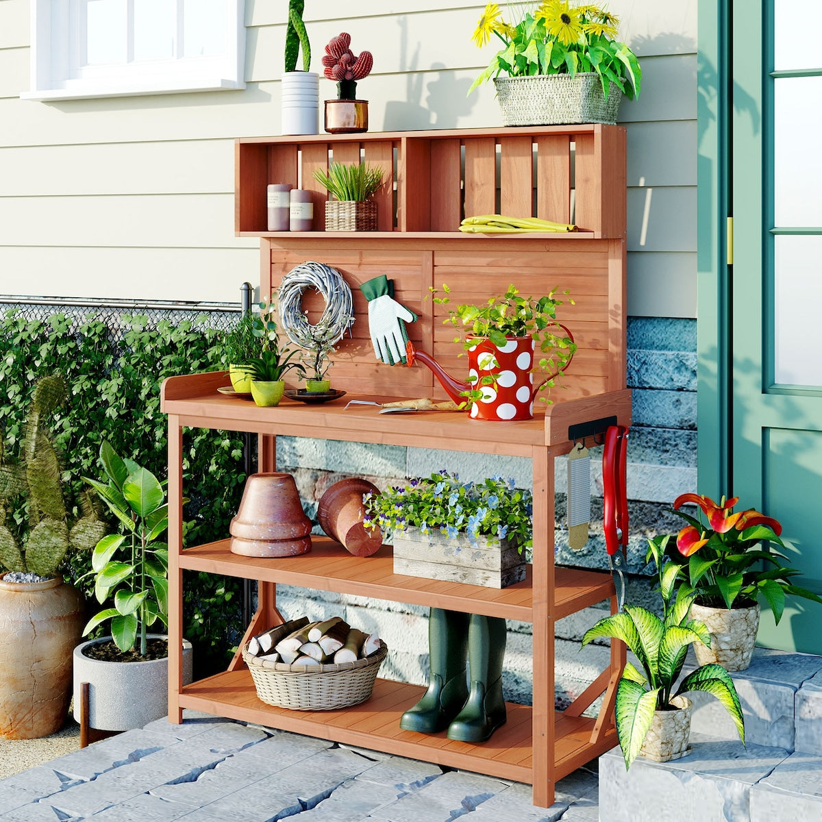 65" Patio Garden Potting Bench Table Workstation with Shelves,Side Hook