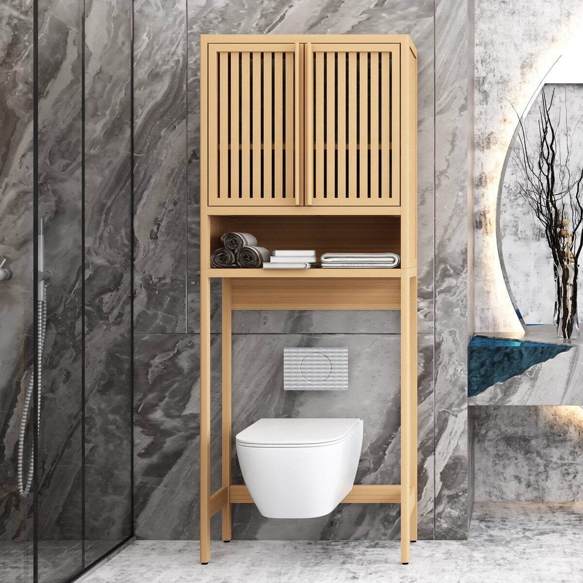 65" Tall Neutral Over-The-Toilet Bathroom Cabinet with Shelf and Two Doors