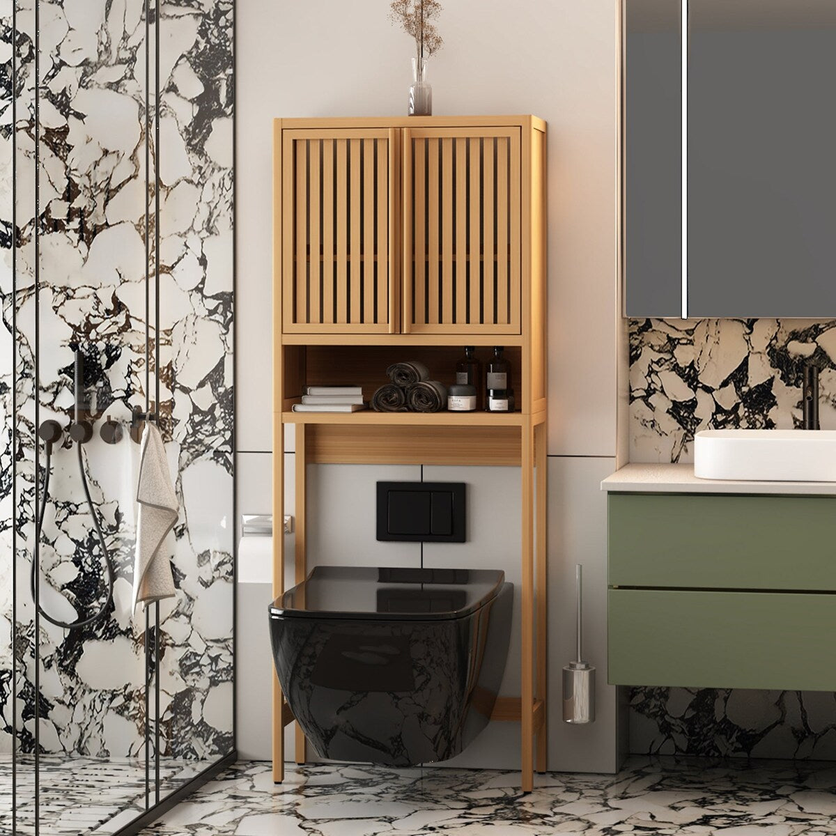 65" Tall Neutral Over-The-Toilet Bathroom Cabinet with Shelf and Two Doors