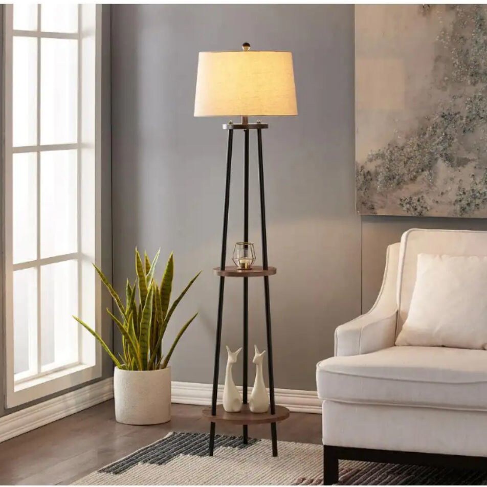 65" Woodgrain and Black Metal Floor Lamp with Table Frame