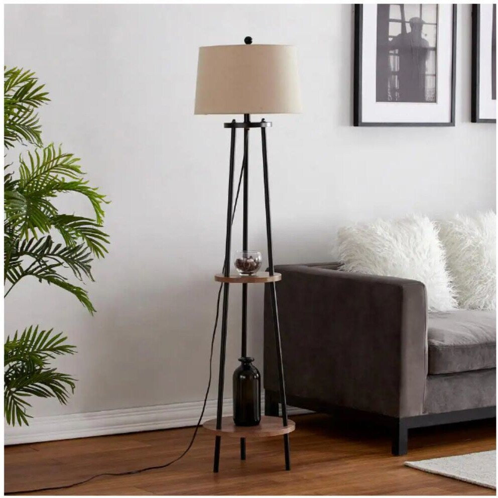 65" Woodgrain and Black Metal Floor Lamp with Table Frame