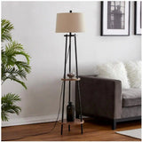 65" Woodgrain and Black Metal Floor Lamp with Table Frame