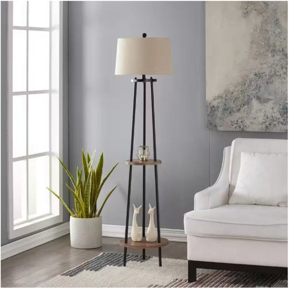 65" Woodgrain and Black Metal Floor Lamp with Table Frame