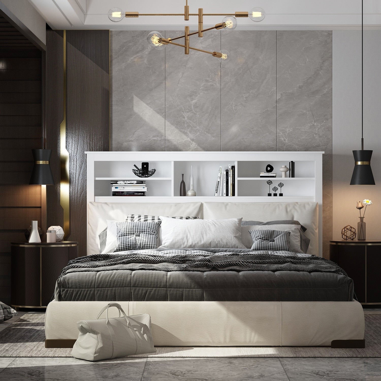Benzara elegant grey finish full size bookcase headboard with six shelves hotsell