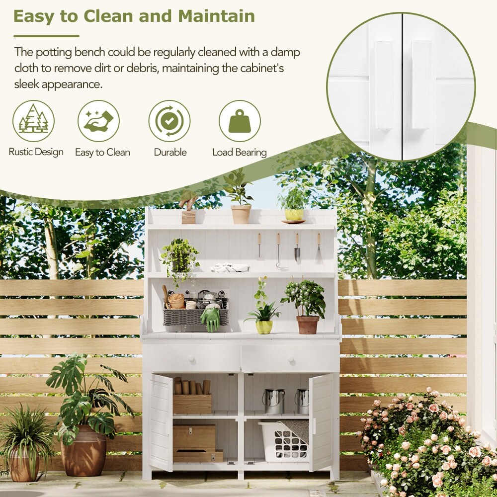 65'' White Outdoor Garden Fir Wood Potting Bench Table with Storage Shelf, Drawer and Cabinet