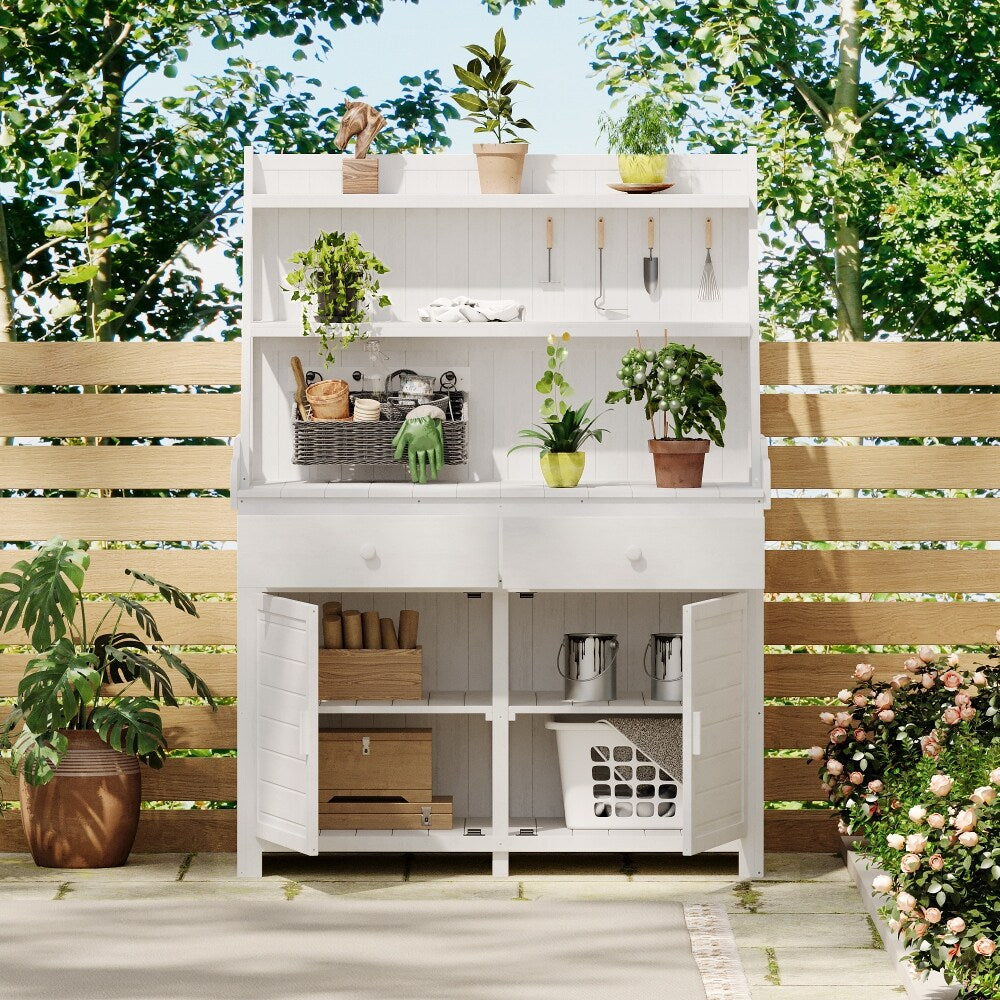 65'' White Outdoor Garden Fir Wood Potting Bench Table with Storage Shelf, Drawer and Cabinet