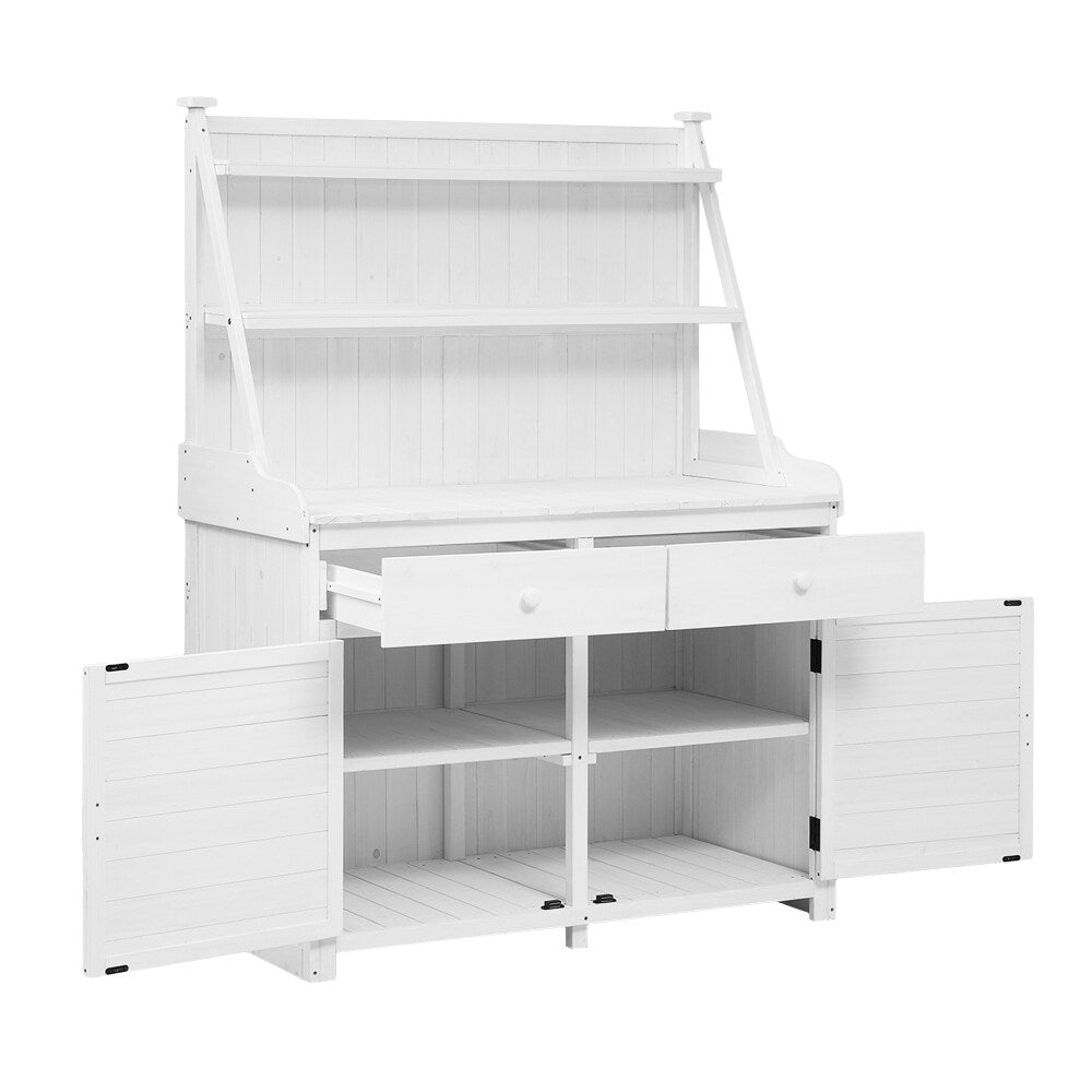 65'' White Outdoor Garden Fir Wood Potting Bench Table with Storage Shelf, Drawer and Cabinet