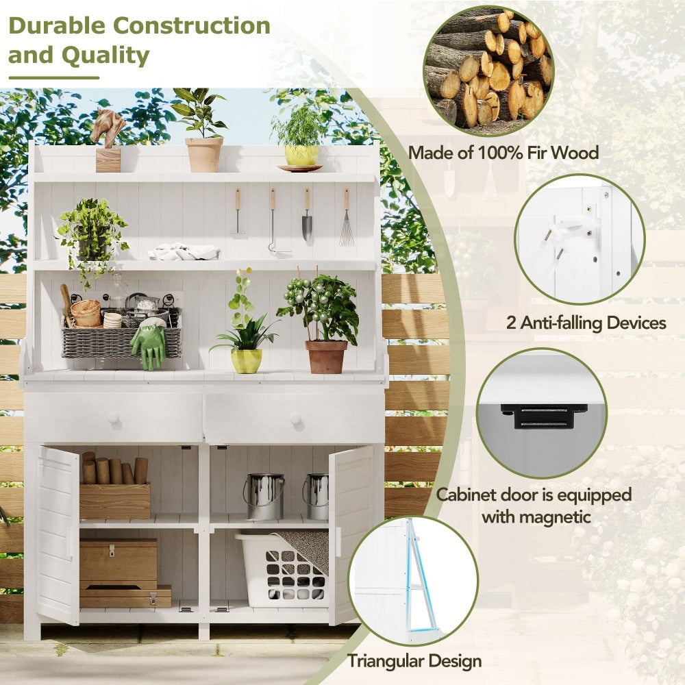 65'' White Outdoor Garden Fir Wood Potting Bench Table with Storage Shelf, Drawer and Cabinet