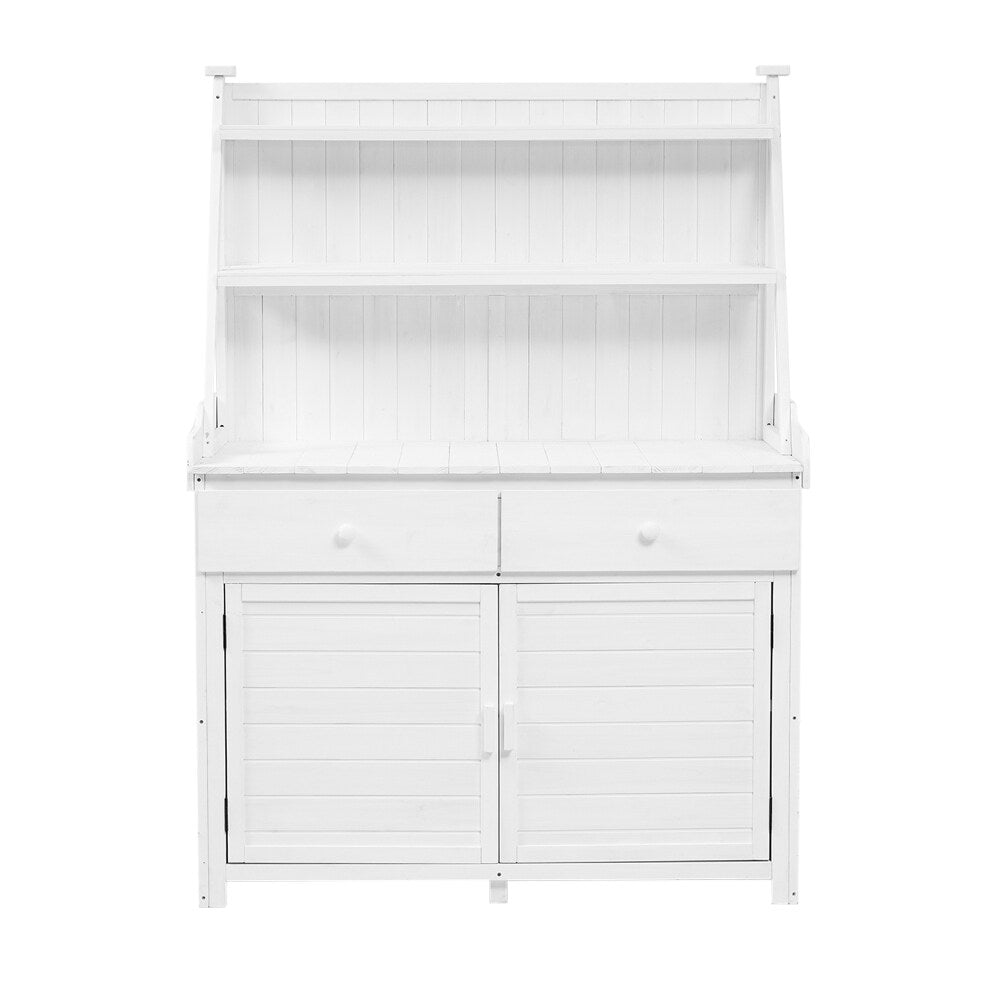 65'' White Outdoor Garden Fir Wood Potting Bench Table with Storage Shelf, Drawer and Cabinet