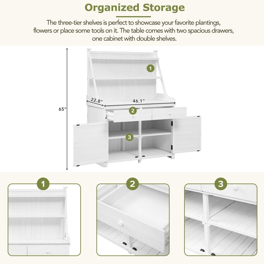 65'' White Outdoor Garden Fir Wood Potting Bench Table with Storage Shelf, Drawer and Cabinet