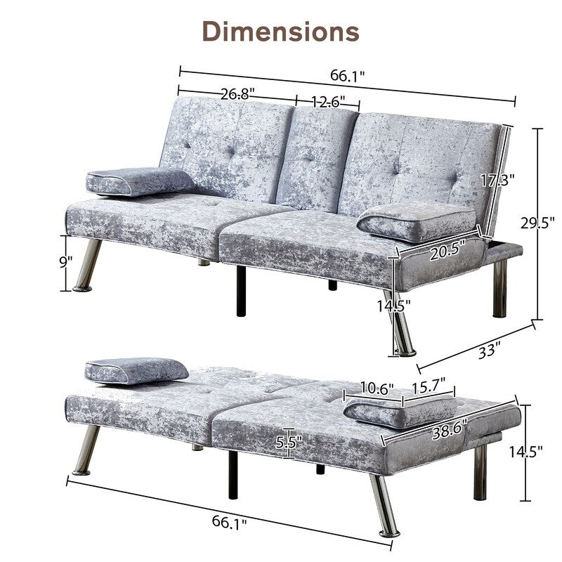 66" Adjustable Futon Sofa Bed Reliner Loveseat with Removable Armrests& Cup Holders, Velvet
