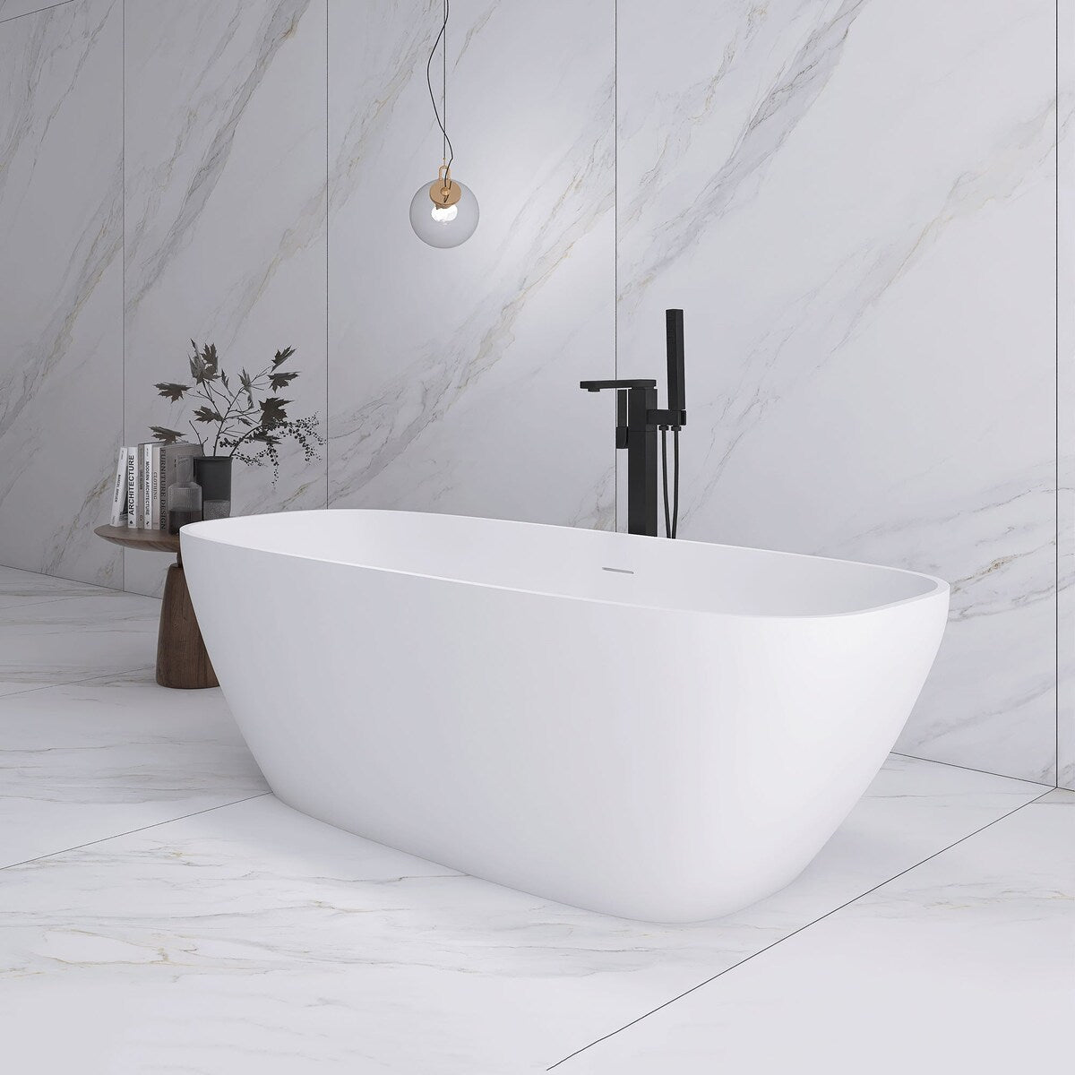 67 in. Solid Surface Freestanding Flatbottom Non-Whirlpool Bathtub in Matte White
