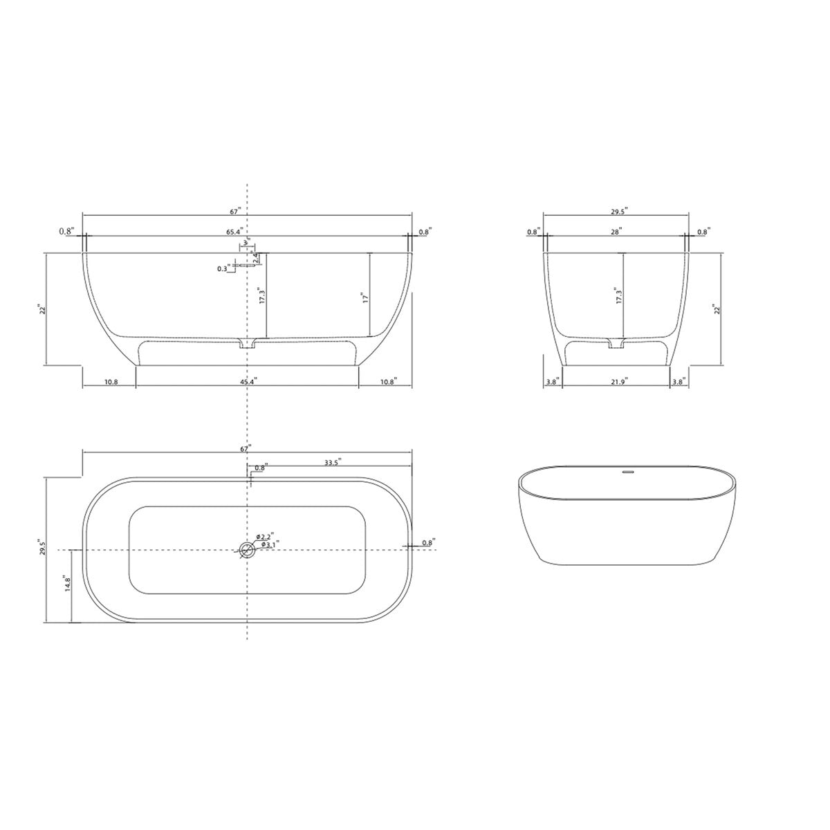 67 in. Solid Surface Freestanding Flatbottom Non-Whirlpool Bathtub in Matte White