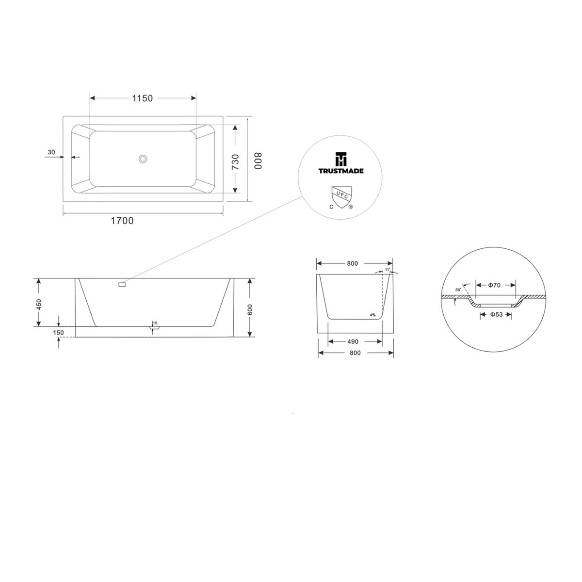Toolkiss 67 x 31.5 x 23.6 inch 100% Acrylic Freestanding Bathtub Contemporary Soaking Tub with Brushed Nickel Overflow and Drain