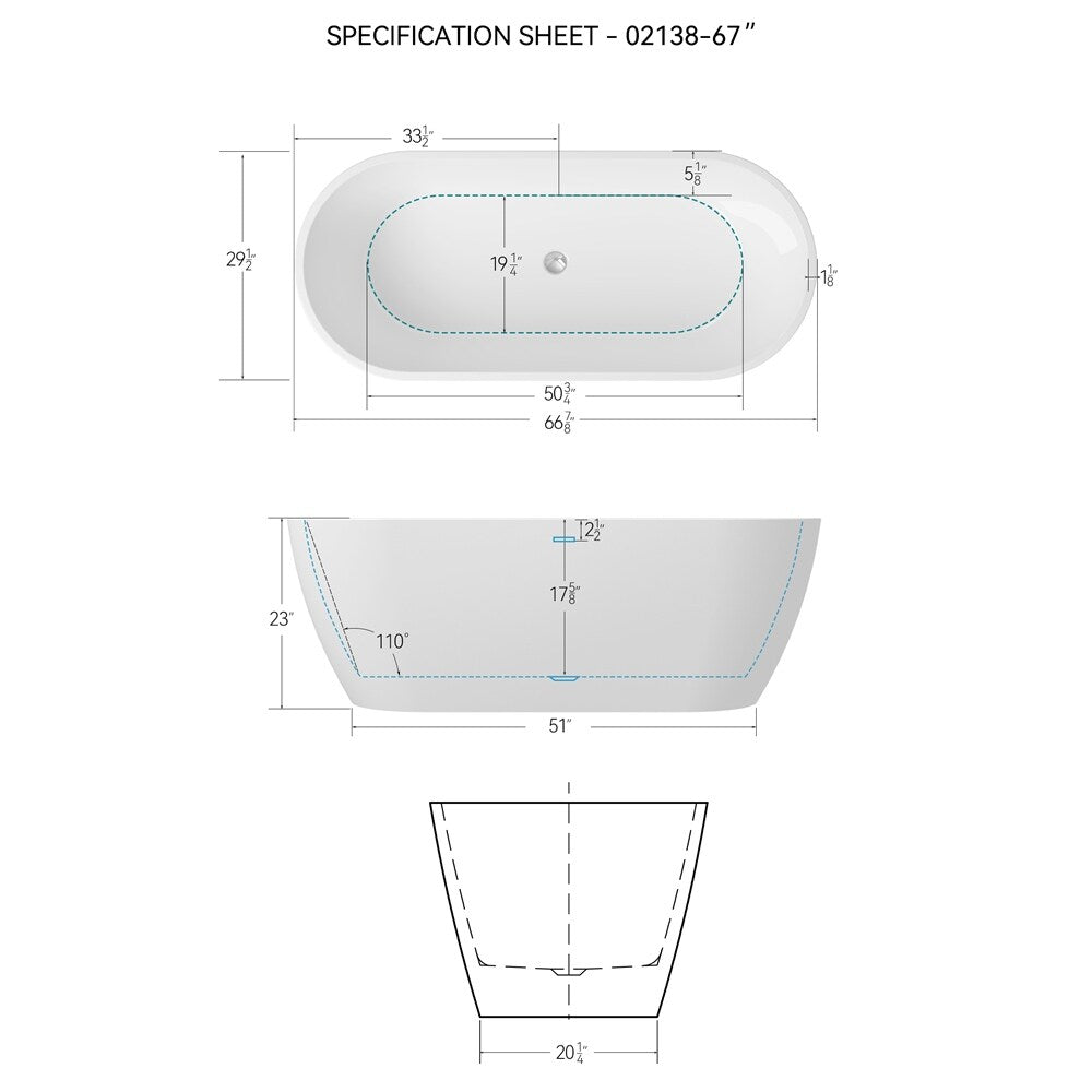 67" Acrylic Soaking Bathtub with Slotted Overflow and Toe-tap Drain