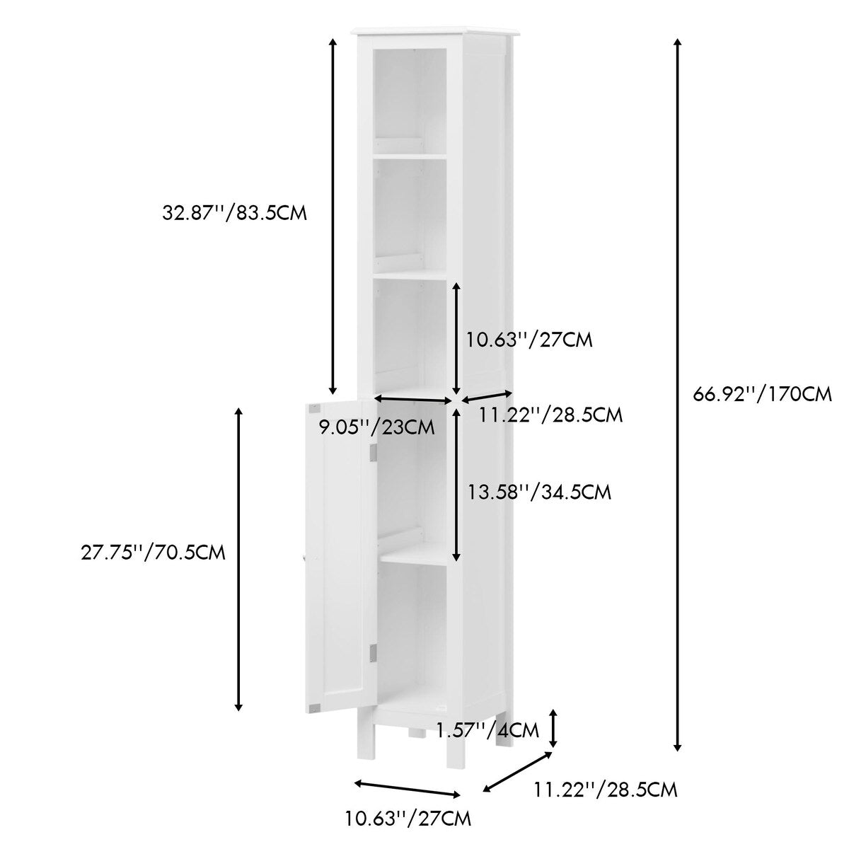 67" Tall Bathroom Storage Cabinet with Adjustable Shelves 1 Doors Freestanding Cabinet with Anti-Tip Open compartments in White