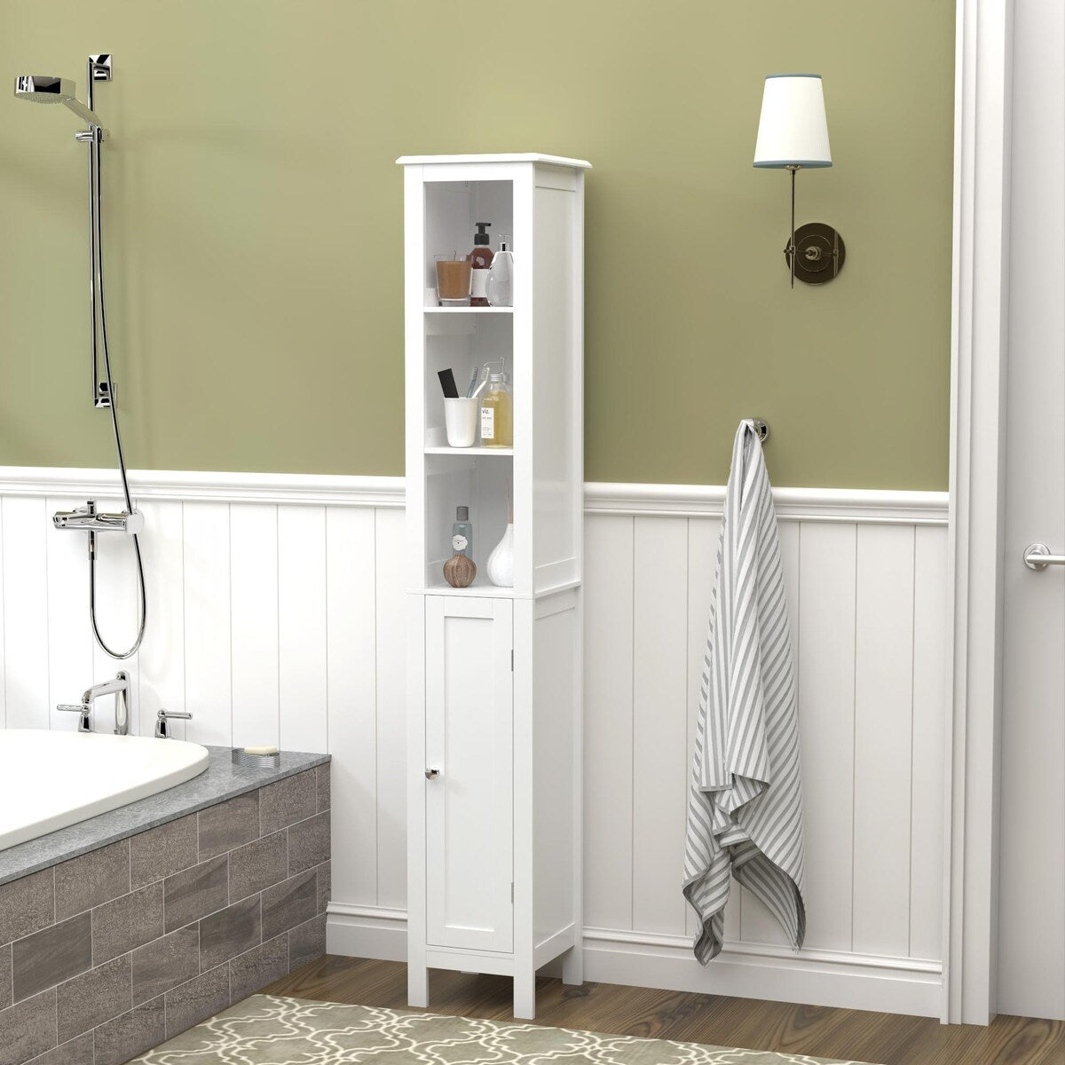67" Tall Bathroom Storage Cabinet with Adjustable Shelves 1 Doors Freestanding Cabinet with Anti-Tip Open compartments in White